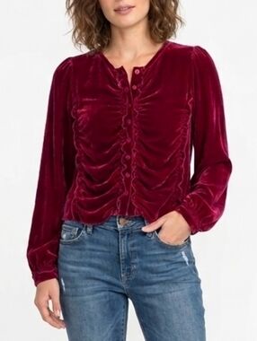 Vintage Johnny Was Ruby Red Silk-Blend Velvet Ruched Blouse - Snap Cuffs, Size M